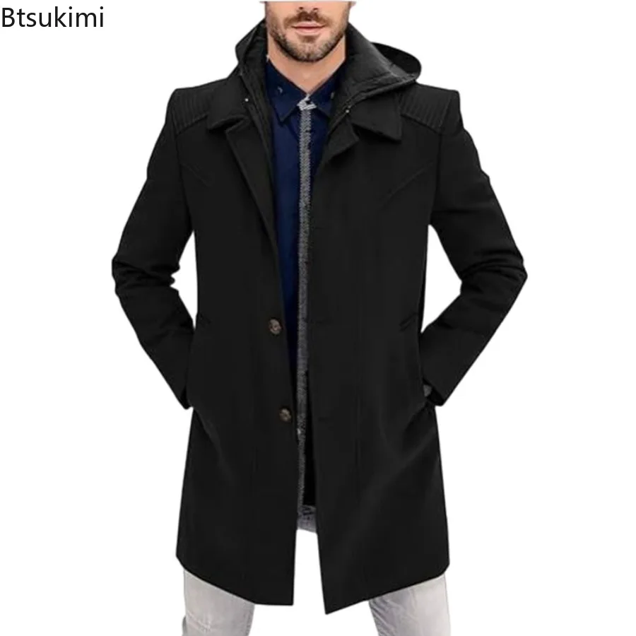 New 2025 Men's Autumn Winter Warm Woolen Jackets Fake Two Pieces Hooded Trench Coats Single Breasted Windbreaker Jackets Male