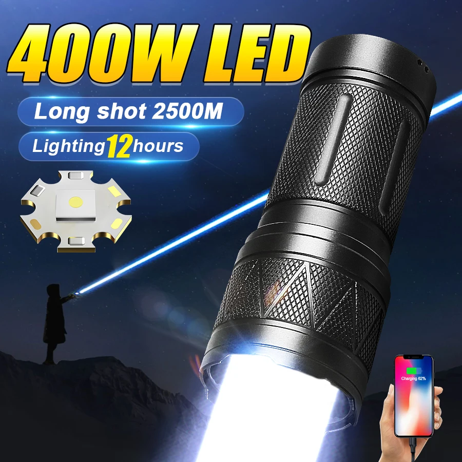 

400W LED Torch Ultra Powerful Flashlights Portable Rchargeable LED Lamp Camping Lantern Tactical Flashlight Zoomable Lights