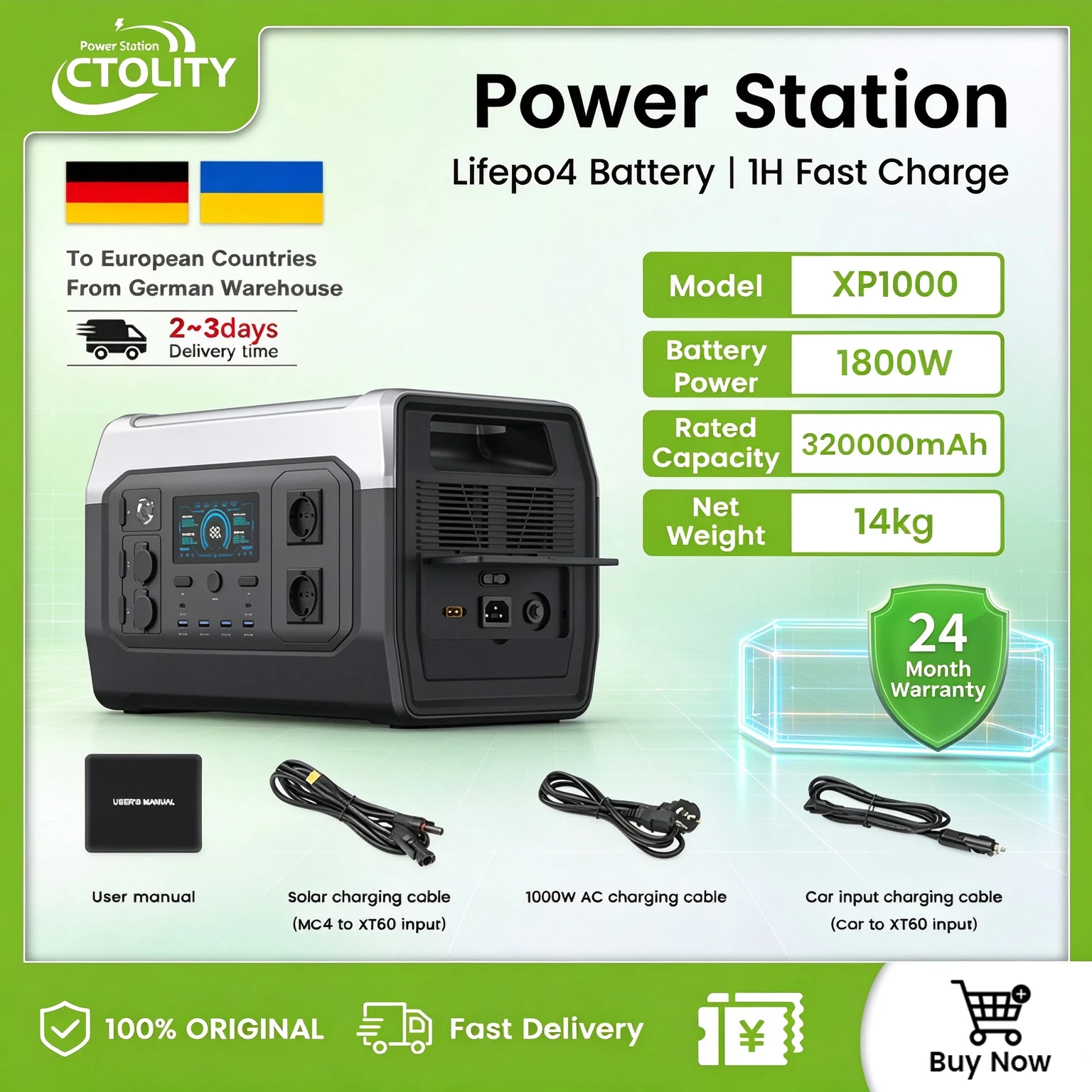 CTOLITY AP1000 1800W Powerstation Reine Sinuswelle XP1000 1800W Solar-Ladestation 1024Wh LiFePO4-Akku Tragbarer Camping-Solargenerator Heim-Backup-Stromversorgung USB TPYE-C LED