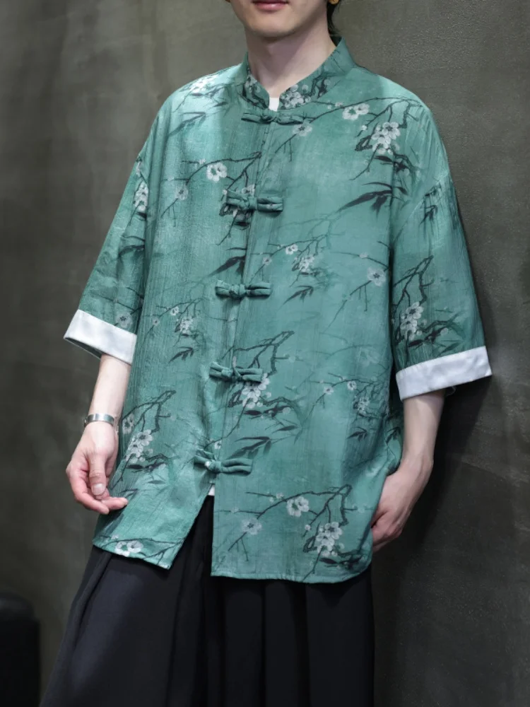 

Men's Short Sleeve Shirt New Chinese Style Summer Thin Tang Costume Five Sleeve Lengthened Hanfu Loose Fit Printed Button down
