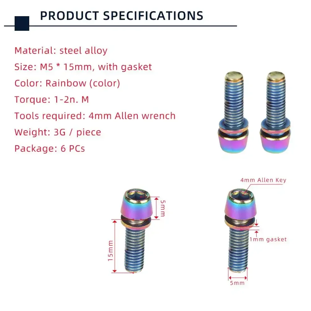 TANKE 6pcs M5 * 18 15mm Bolt Screw with gasket For MTB Road Bicycle Stem and bottle rack Rainbow view 3