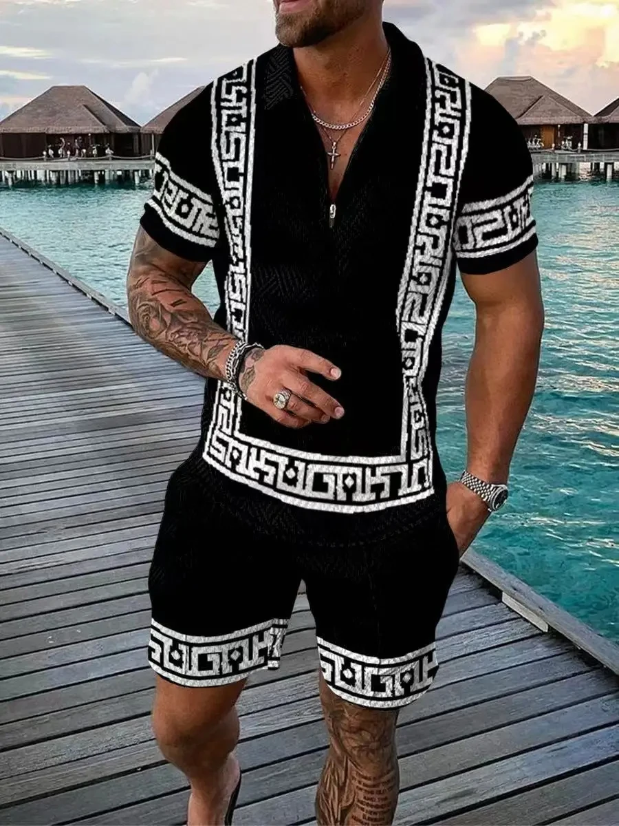 Summer Luxury Pattern 3D Print Men\'s Tracksuit Set Casual Zipper Polo Shirt And Shorts 2pcs Sets Fashion Streetwear Man Clothing