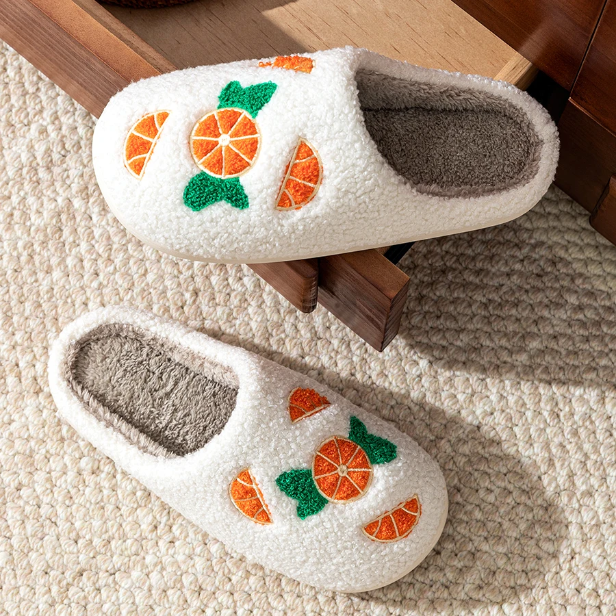الترفيه المنزل غامض الفاكهة الكرتون المرأة النعال البرتقال نمط الشتاء داخلي دافئ مريح لطيف غرفة نوم الأزواج لينة وحيد الأحذية