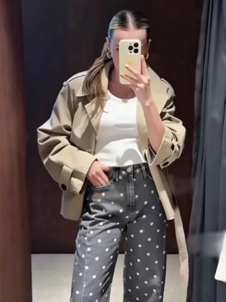 

Женская элегантная укороченная ветровка HH с отложным воротником, поясом и подплечниками, однотонная, весенняя, в уличном стиле, двубортная, с длинными рукавами