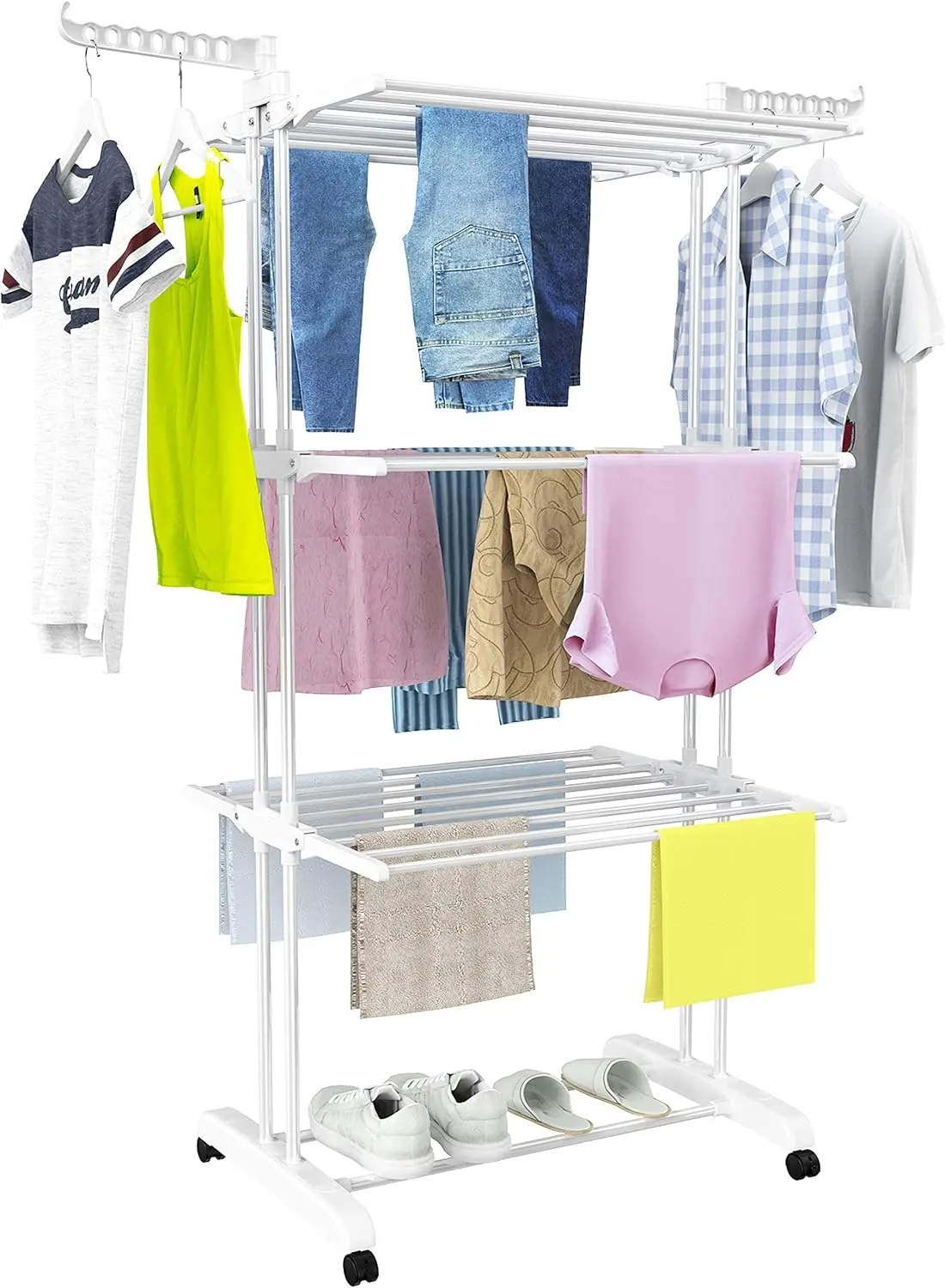 Tendedero grande de 4 niveles, tendedero plegable para ropa (67,7 alto x 19,7 ancho x 30 l pulgadas), tendedero móvil con 4 ruedas. M