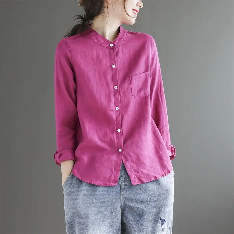 Women\'s Vintage Commute Stand Collar Long Sleeve Shirt 2023 Spring and Autumn New Loose All-match Solid Color Casual Blouse