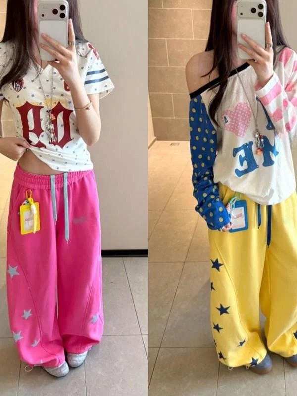 

plus Size American Retro Star Print Wide Leg Sweatpants Women's Summer Sports Casual Straight Leg Pants High Waist Elastic