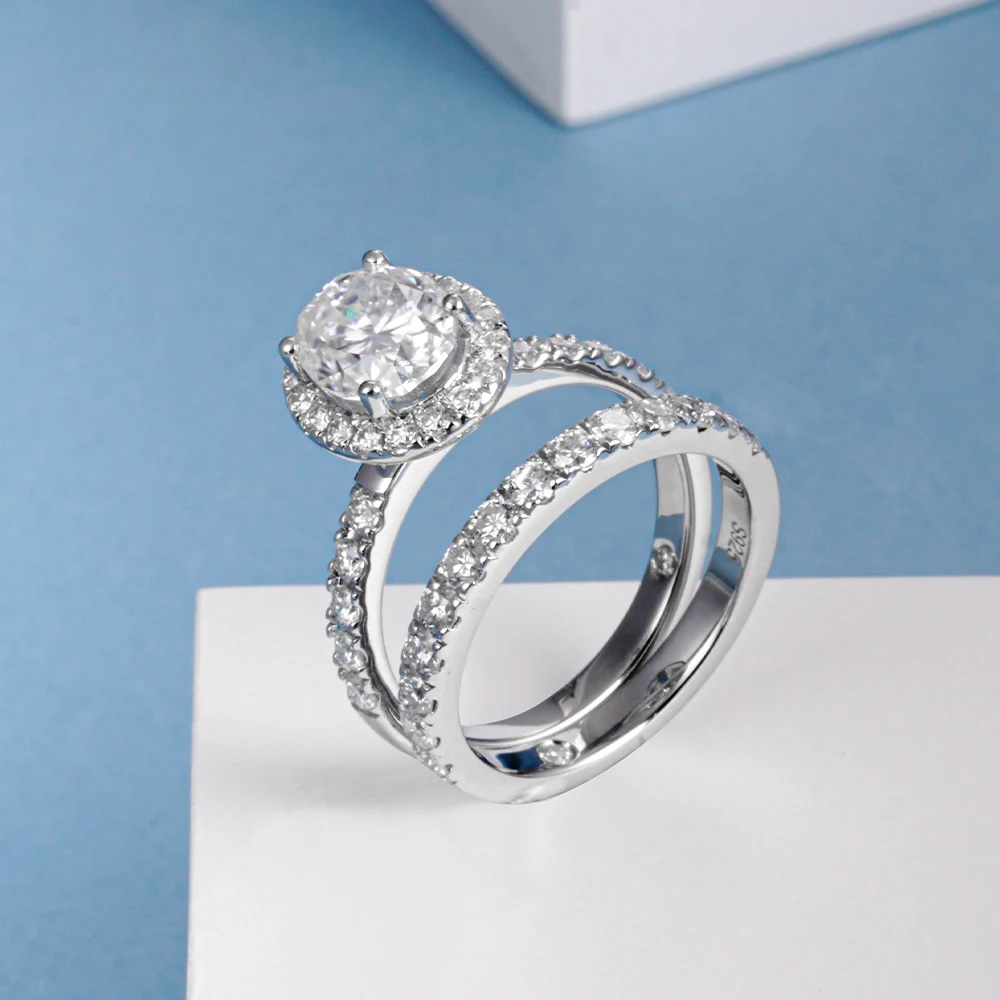 

2CT Овальная огранка с четырьмя когтями D Цвет Муассанит Рядные кольца Набор для женщин S925 Стерлинговое серебро Покрытие 18K Оптовая продажа Праздничные подарки