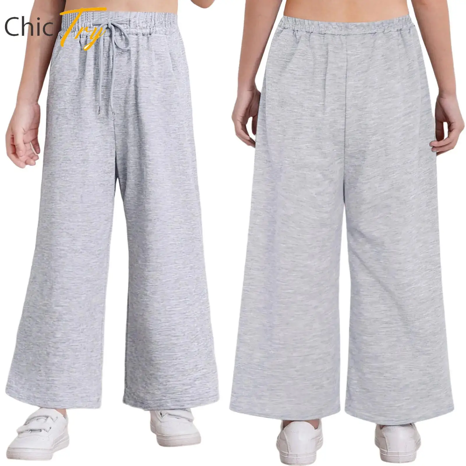 キッズ ボーイズ ガールズ ワイドレッグパンツ ドローストリング ゴムウエストバンド パンツ ポケット付き スポーツ ワークアウト エクササイズ カジュアル 日常着