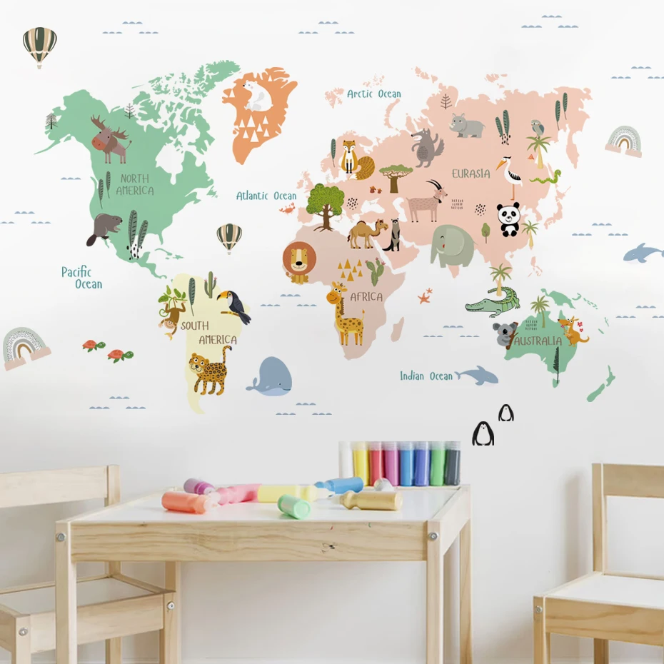 World Map Sticker Cartoon Colorful Animals Outline Wall Stickers for Nursery Kids Bedroom Study Room Decor PVC Decal Home Decor