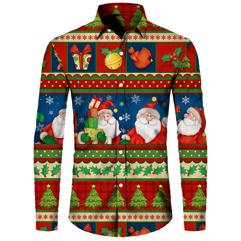 Papai Noel masculino estampado camiseta de manga comprida, roupa casual de férias, camisa com botão Four Seasons, top masculino personalizado