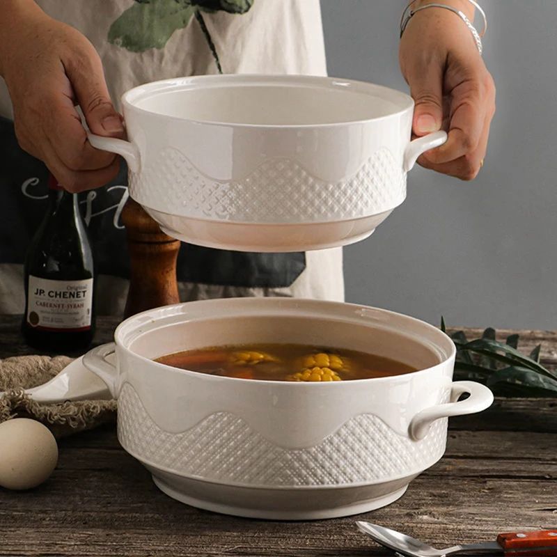 

AT35 Creative Nordic Ceramic Handle Salad Fruit Soup Bowl With Lid Anti-Scalding Noodle Rice Food Pot Dessert Breakfast Oat