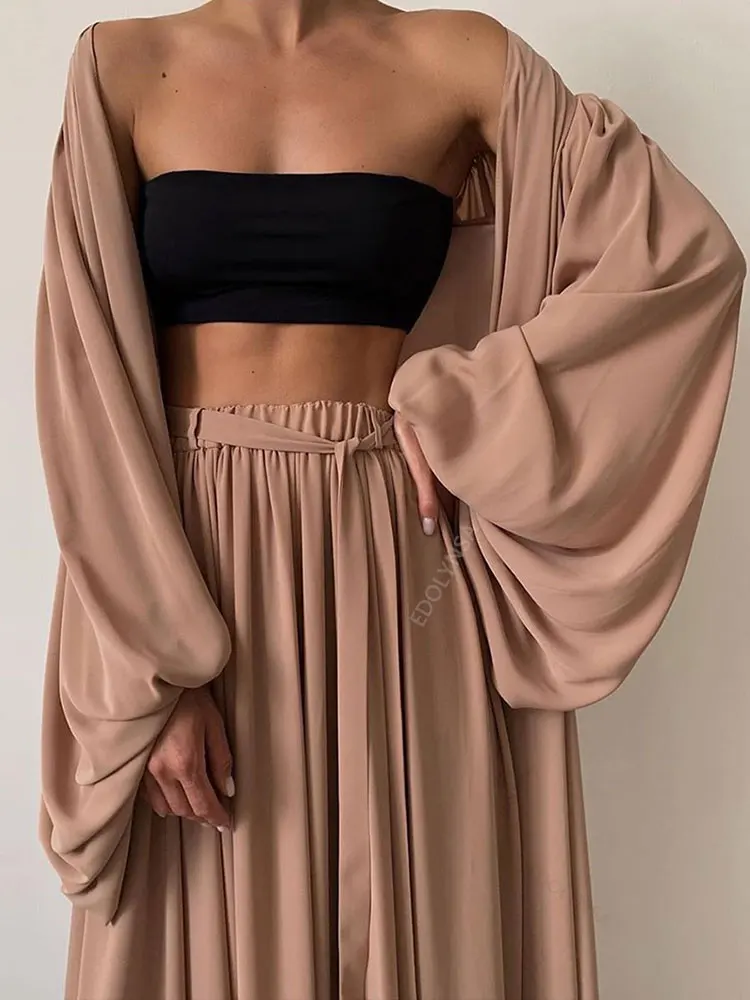 Sexy Solid Color Three-Piece Set 2023 Autumn Women Tube Top Beach Dress Crop Top Trousers Long Sleeve Cardigan 3 Piece Set A1642