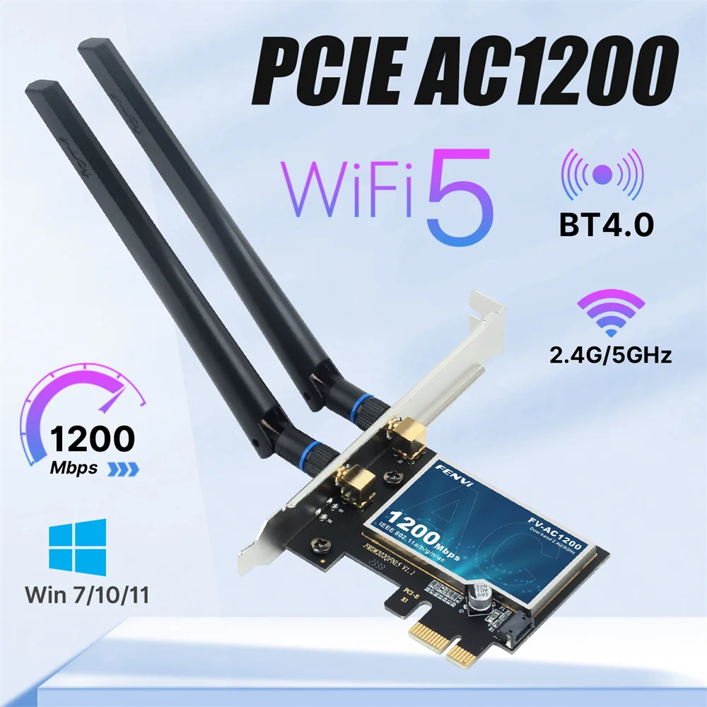 Fenvi wifi5 ac1200 pcie adaptador wi-fi bt4.0 1200mbps placa wi-fi banda dupla 802.11ac atualização de rede para win 7/8/10/11 desktop pc