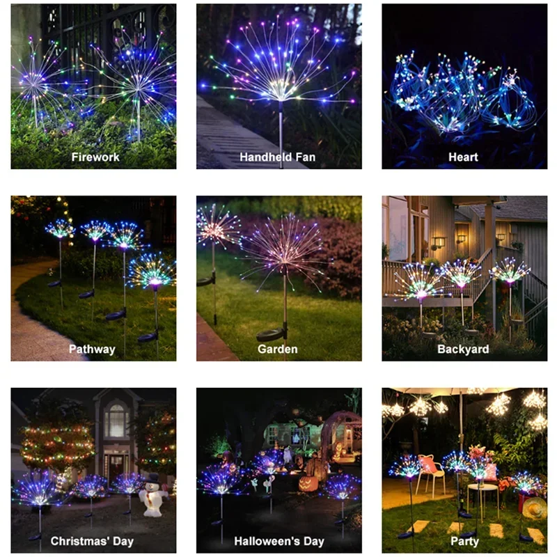 Outdoor LED Solar Fireworks Lights Waterproof String Fairy Light Outdoor Lighting Lawn Lamp Garden Christmas Party Wedding Decor