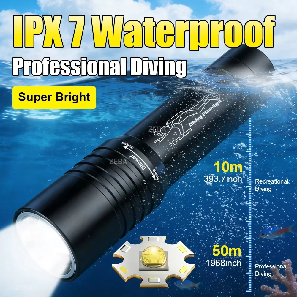 ipx7-ダイビング懐中電灯高防水-18650-バッテリープロフェッショナルダイビングランプ伸縮ズームハンドロープ水中ダイビングトーチ