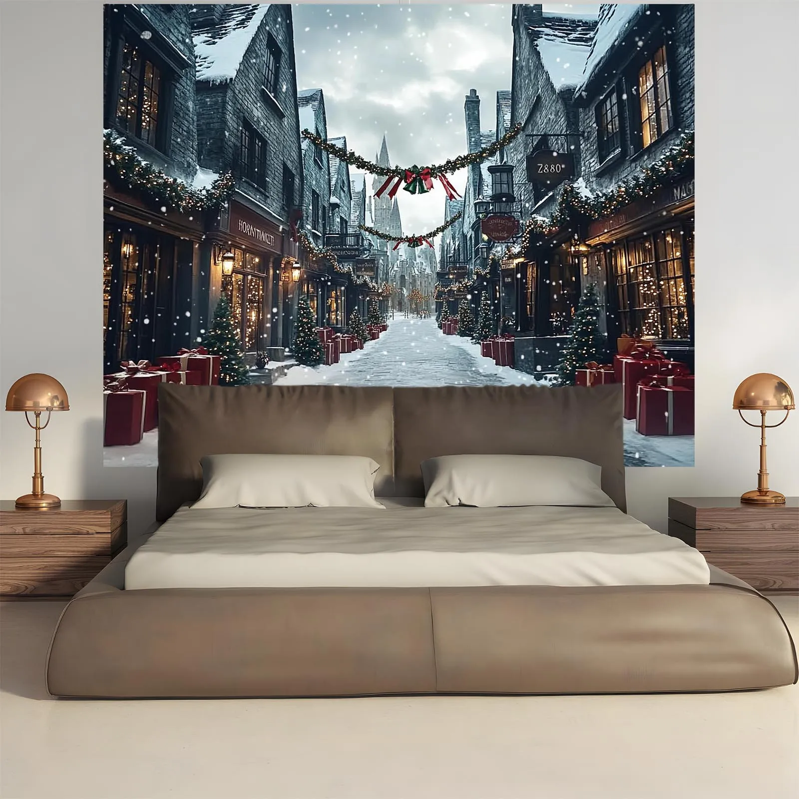 1pc Christmas Winter Wonderland Tapestry - Magical City Scene with Snowy Street, Cottage & Holiday Decorations, Polyester Wall H