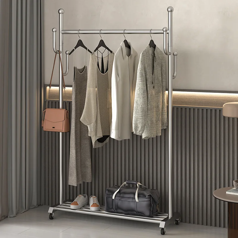 Вешалка для одежды Вешалка из нержавеющей стали Многофункциональная напольная сушилка для одежды Серебристая бытовая крытая мобильная вешалка с колесиками
