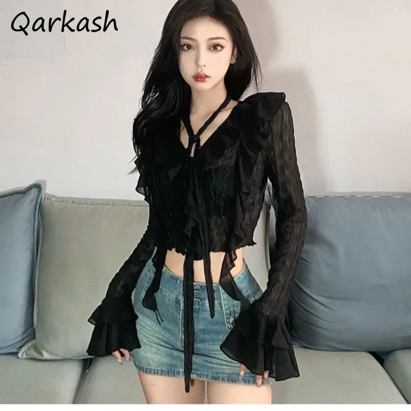 

Women Blouses Black V-neck Flare Sleeve Ruffles Sexy Hotsweet Spicy Girls See Through Slim Short Retro Gothic Grunge Summer Chic