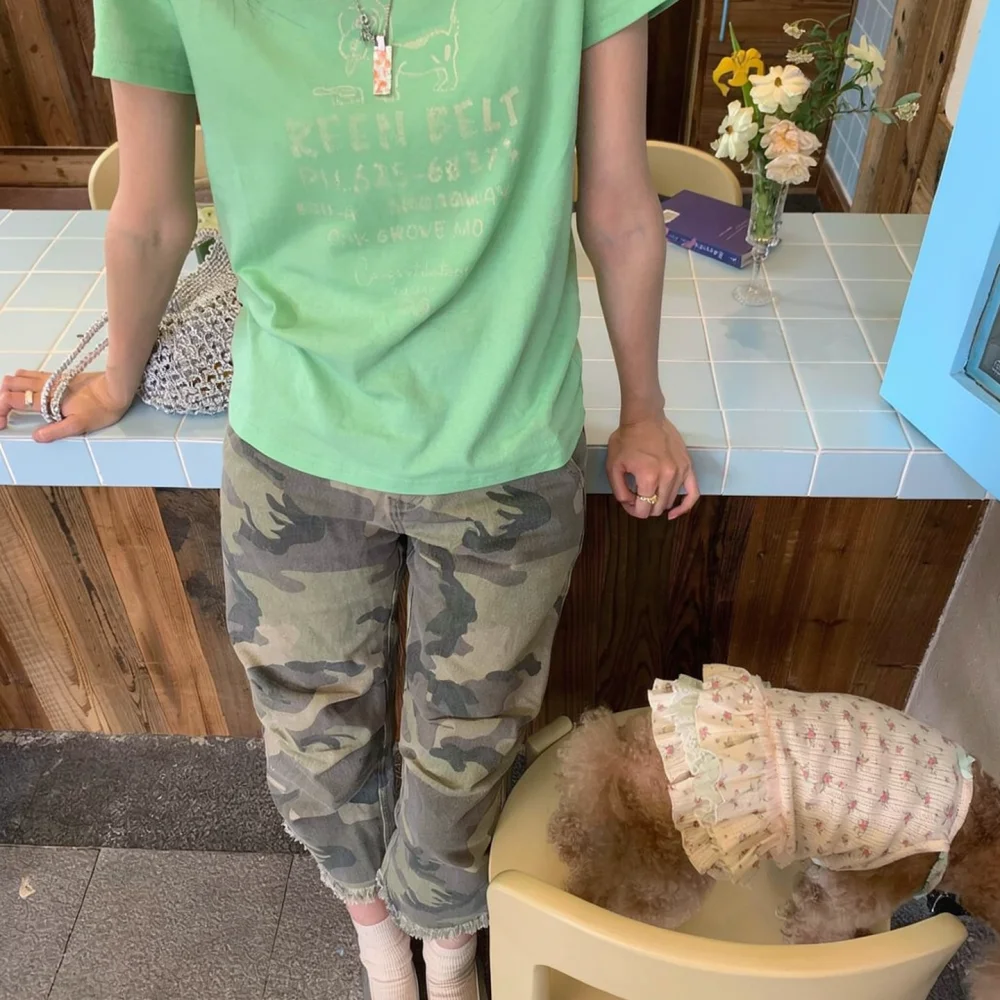 Women Green Short Sleeve T Shirt Puppy Print Summer Casual Round Neck Loose Fit Korean Fashion Aesthetic Tee