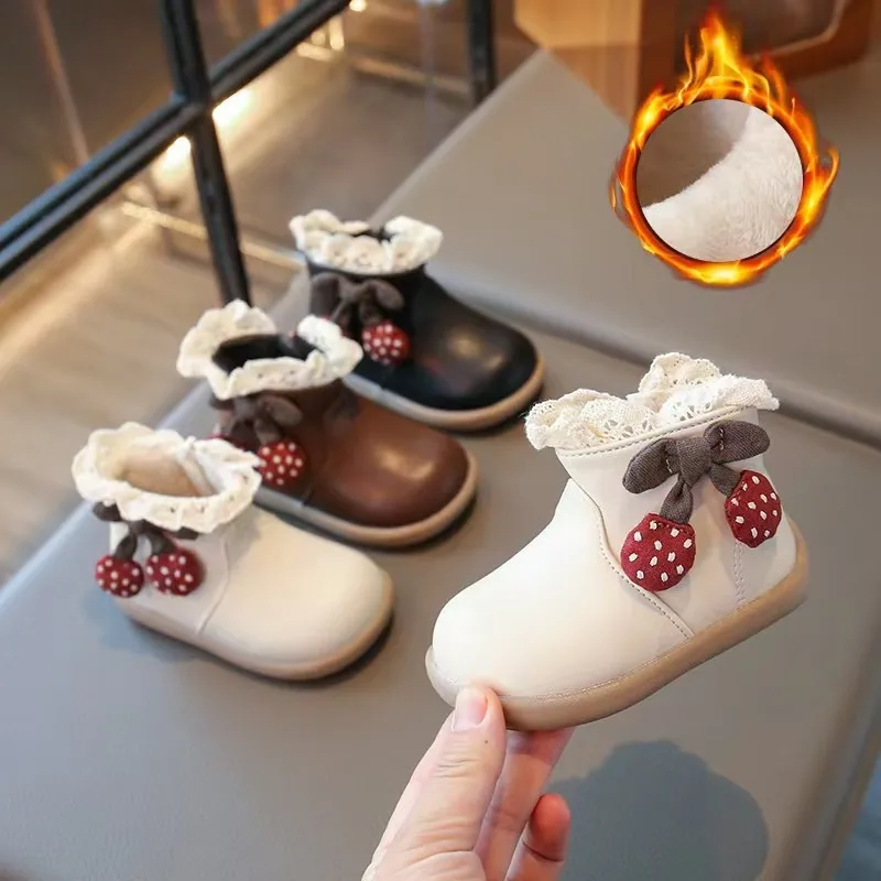 

Sweet Beauty Gril Boot Winter New Lace Lace Gril Shoes Soft Sole Baby Shoe Cute Cherry Princess Shoe Versatile Kid Leather Boots