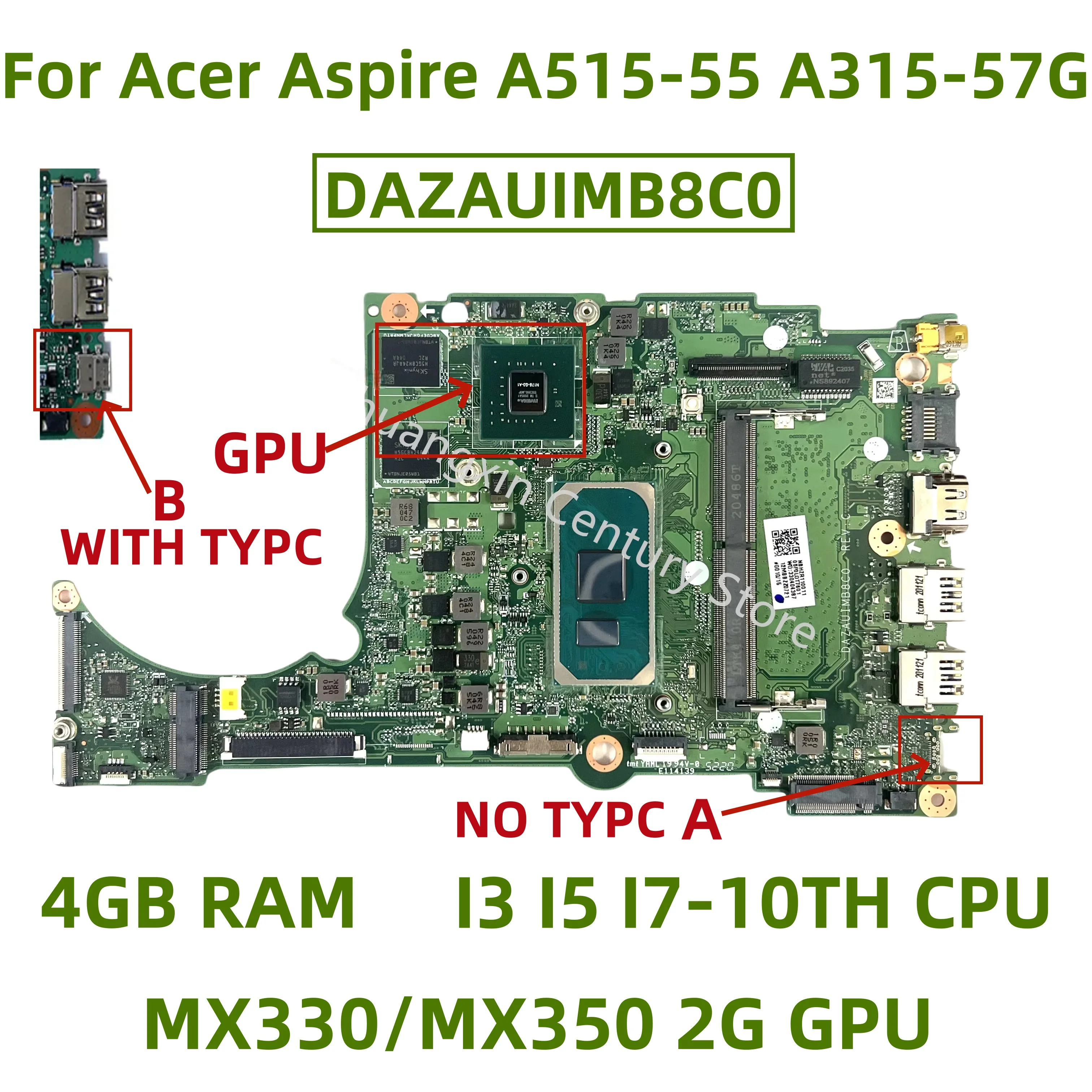 DAZAUIMB8C0 motherboard for Acer Aspire A515-55 A315-57G Laptop With GPU I3 I5 I7-10TH CPU 4GB RAM MX330/MX350 2G GPU 100% test