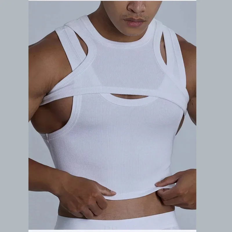 Men Inner Street Fashion Sexy Irregular Vest Sling Vest Men's Two-piece Set Tank Top Solid Color