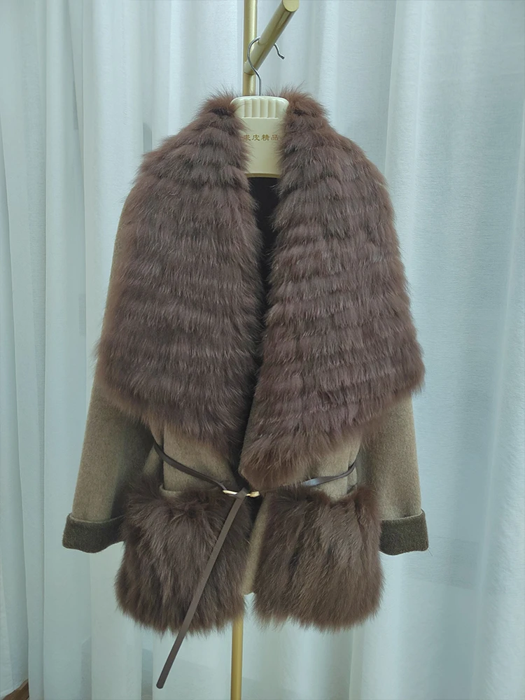 2024 New Winter Natural Real Fox Fur Collar Coat Cashmere Wool Woolen Women Jacket Luxury Outwear Ladies Female Fur Coat