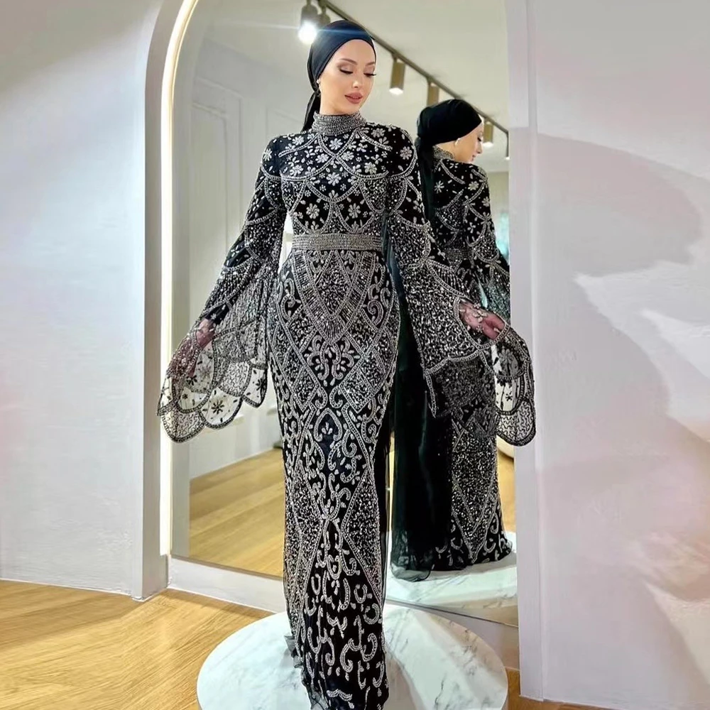 

MYMB CARAMEL Long Sleeves High Neck Arabic Evening Dress Modest Luxury Muslim Women Wedding Party Gown Customized new MB40247