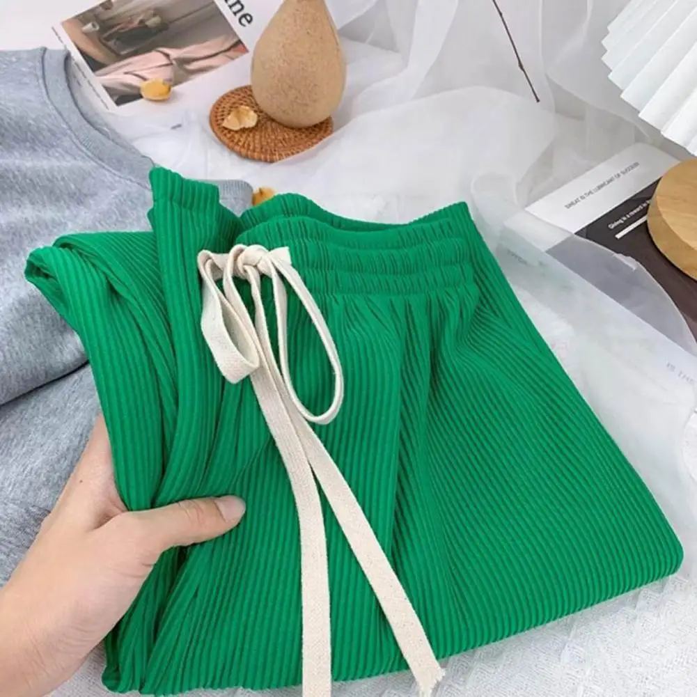 Women Pants Elastic High Waist Summer Pants Adjustable Drawstring Pleated Straight Wide Leg Trousers for Women Straight Wide Leg