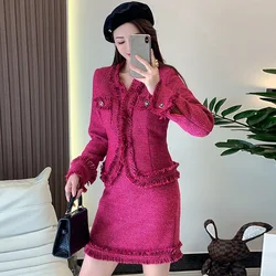 Women Vintage Elegant Tassel Prom Party Suit Jacket Coat And Skirt Two Piece Set Y2K Outfit 2023 Winter Jacquard Tweed Clothing