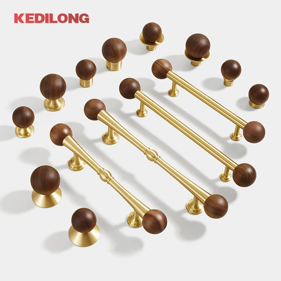 

KEDLO French style light luxury walnut solid brass Pull kitchen cabinet drawer gold wood color long handle