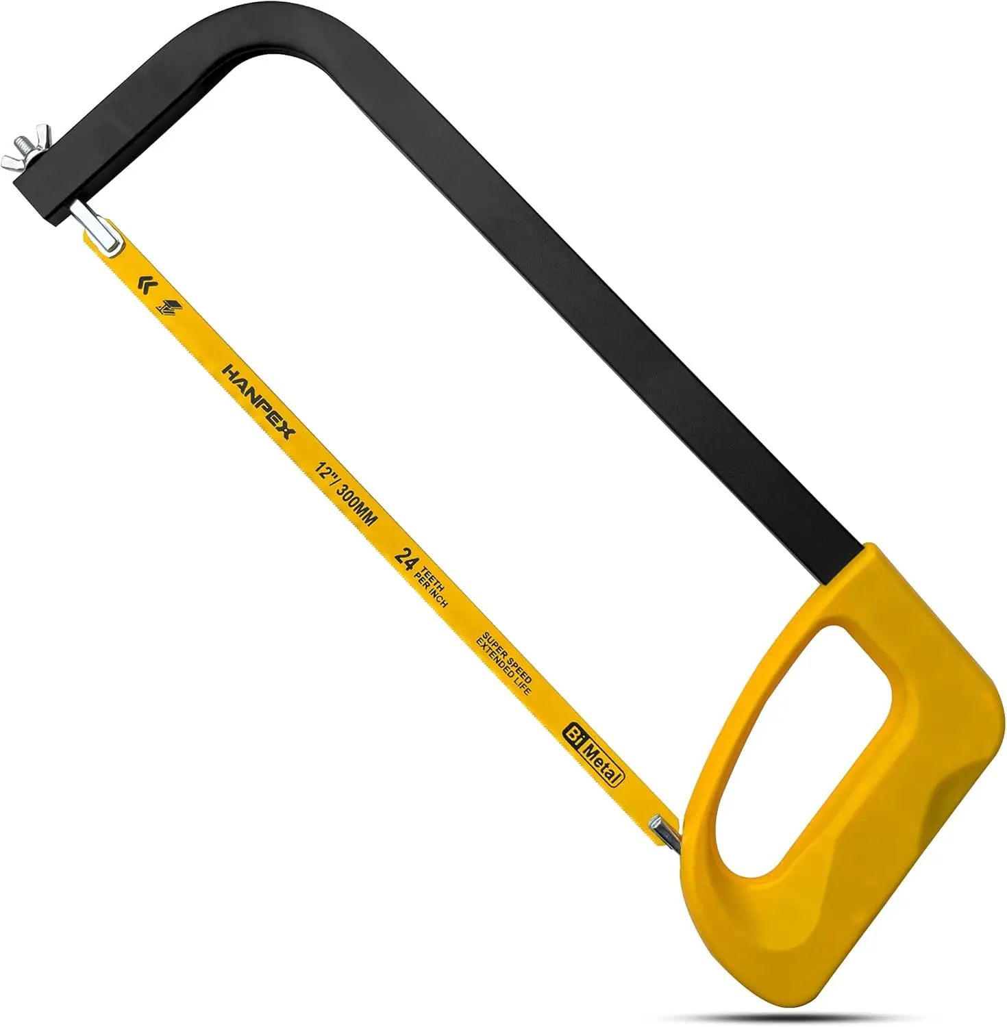 

12-Inch Adjustable Tension Hacksaw Frame with 24 TPI Bi-Metal Blade for Metal, Wood, PVC Cutting