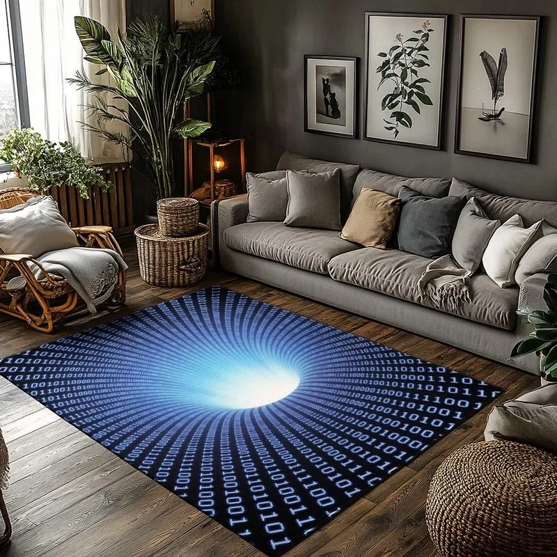 Tech Binary Code Spiral Optical Illusion Non Slip Flannel Floor Mat Home Decor Carpet