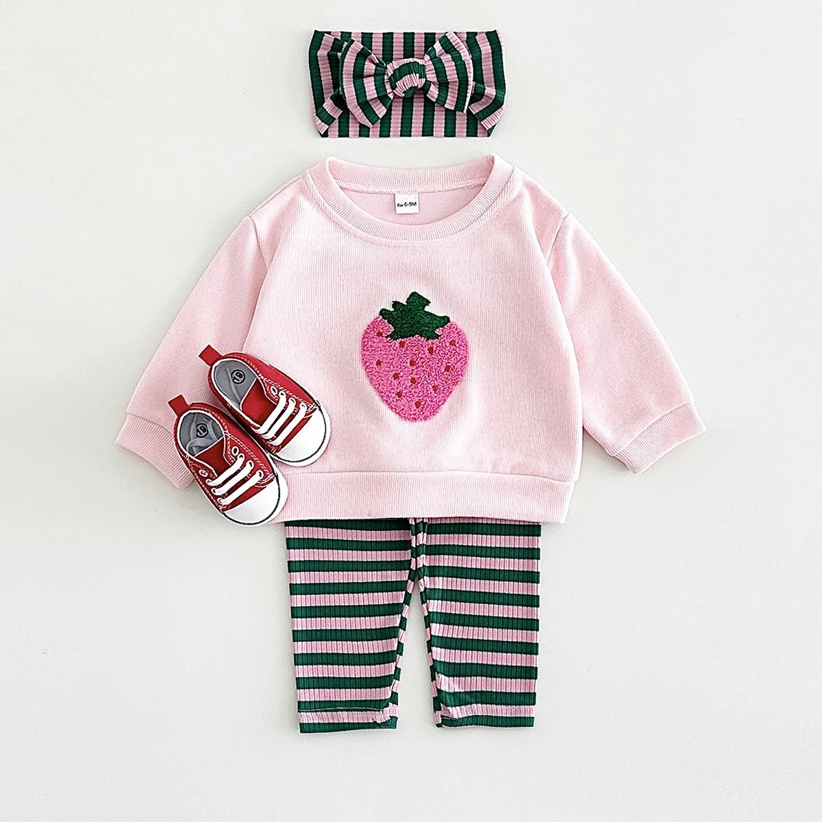 0-3Y Newborn Baby Clothes Autumn Cute Strawberry Embroidery Pullover Shirt Top+Cotton Striped Leggings Spring Girls Baby Sets