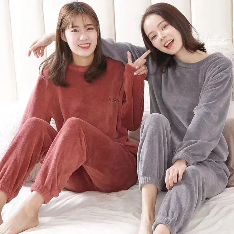 Autumn and Winter Pajamas Pajamas Thickened Two-piece Set Outside The Large Size Coral Velvet Warm Padded Loose Homewear Women