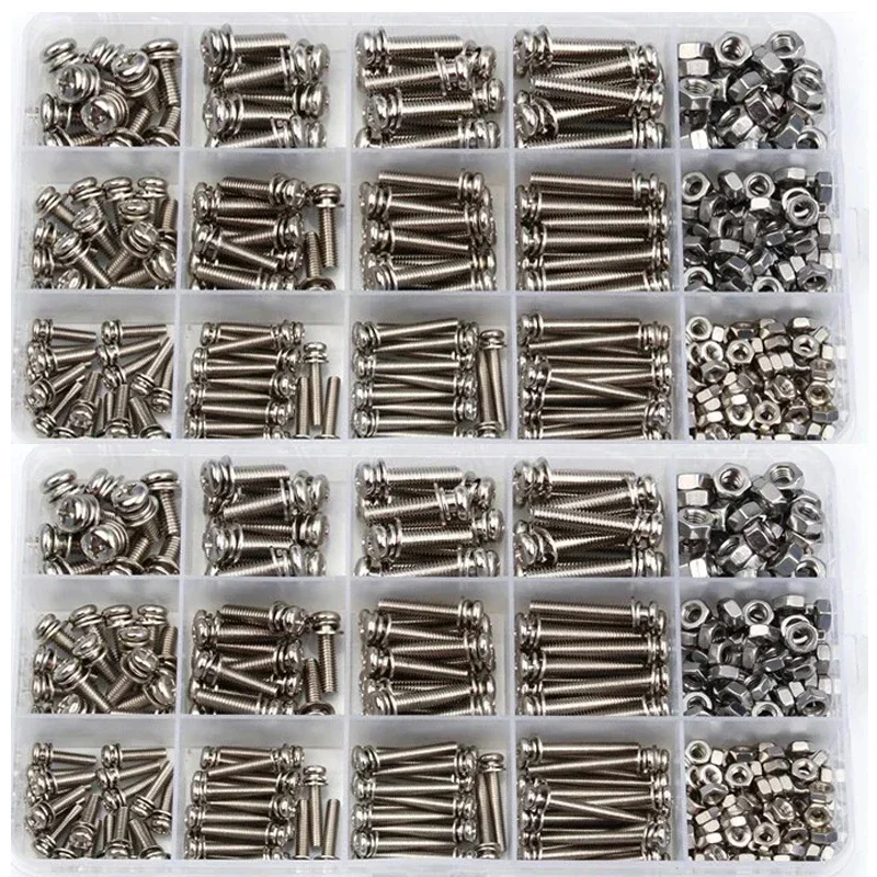 

M3 M4 M5 Stainless Steel Micro Thread Round Head Screw Nut Bolt Cross Round Flat Washer Spring Kit 360PCS