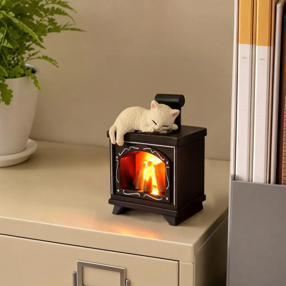 Fireplace Magnet with Led Light Magnetic Suction Magnet Sleeping Cat Fireplace Magnet Led Light-up Kitten Fridge Decoration 3d
