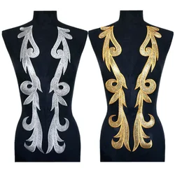 2PCS Gold Silver Powder Gown Appliques Fabric Collar Sew Iron On Patches Noble Embroidery For Wedding Decoration Dress DIY