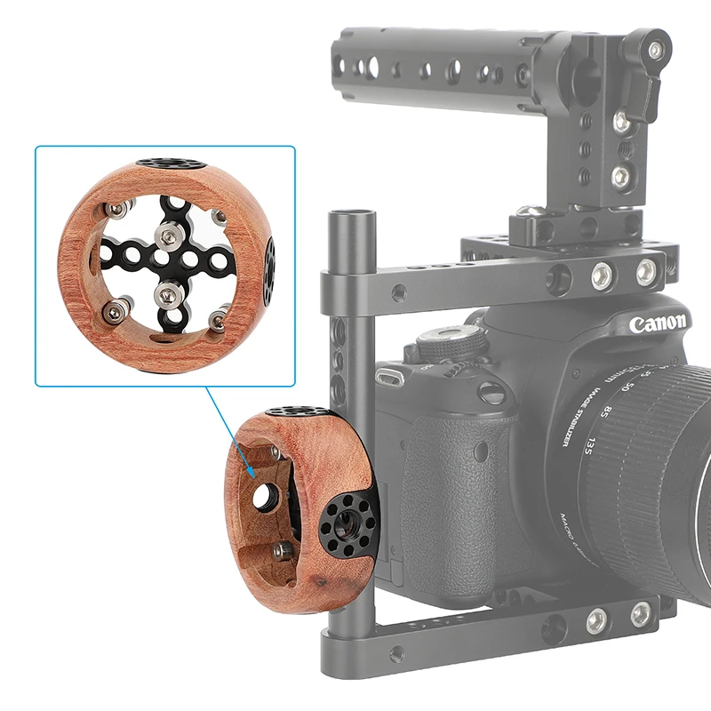 Impugnatura rotonda in legno CAMVATE con filettatura accessorio stile 3/8 "-16 ARRI e supporto a vite 1/4"-20 per DSLR Camera Cage Video Rig nuovo