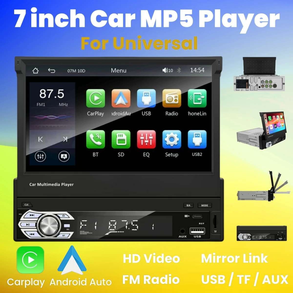 

7-inch 1din Manual Retractable Screen MP5 Player Universal Car Radio Carplay Android Auto GPS Navigation FM BT USB