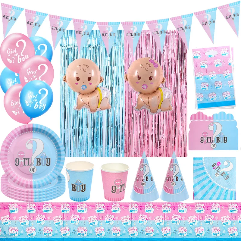 Gender Reveal Party Decorations Disposable Tableware Plates Cups Napkins Tablecloth Boy Girl Balloon Fringe Curtain