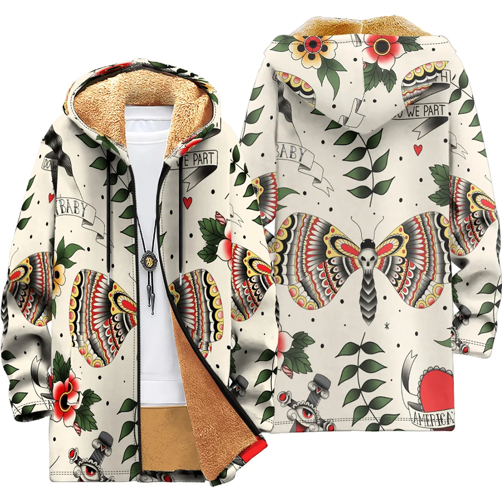 Ropa de invierno para hombre, chaqueta acolchada de algodón con estampado de plumas, cremallera y bolsillo, nuevo en abrigos de plumón, graffiti de mariposa de insectos