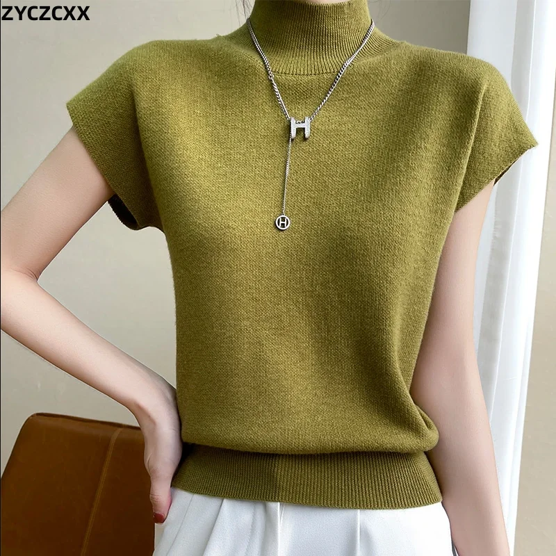 Merino Wool Knitted T-shirt Women's Summer 2023 New Half Height Pullover Short Sleeve Vest Fashion Basic Solid Color Women's Top