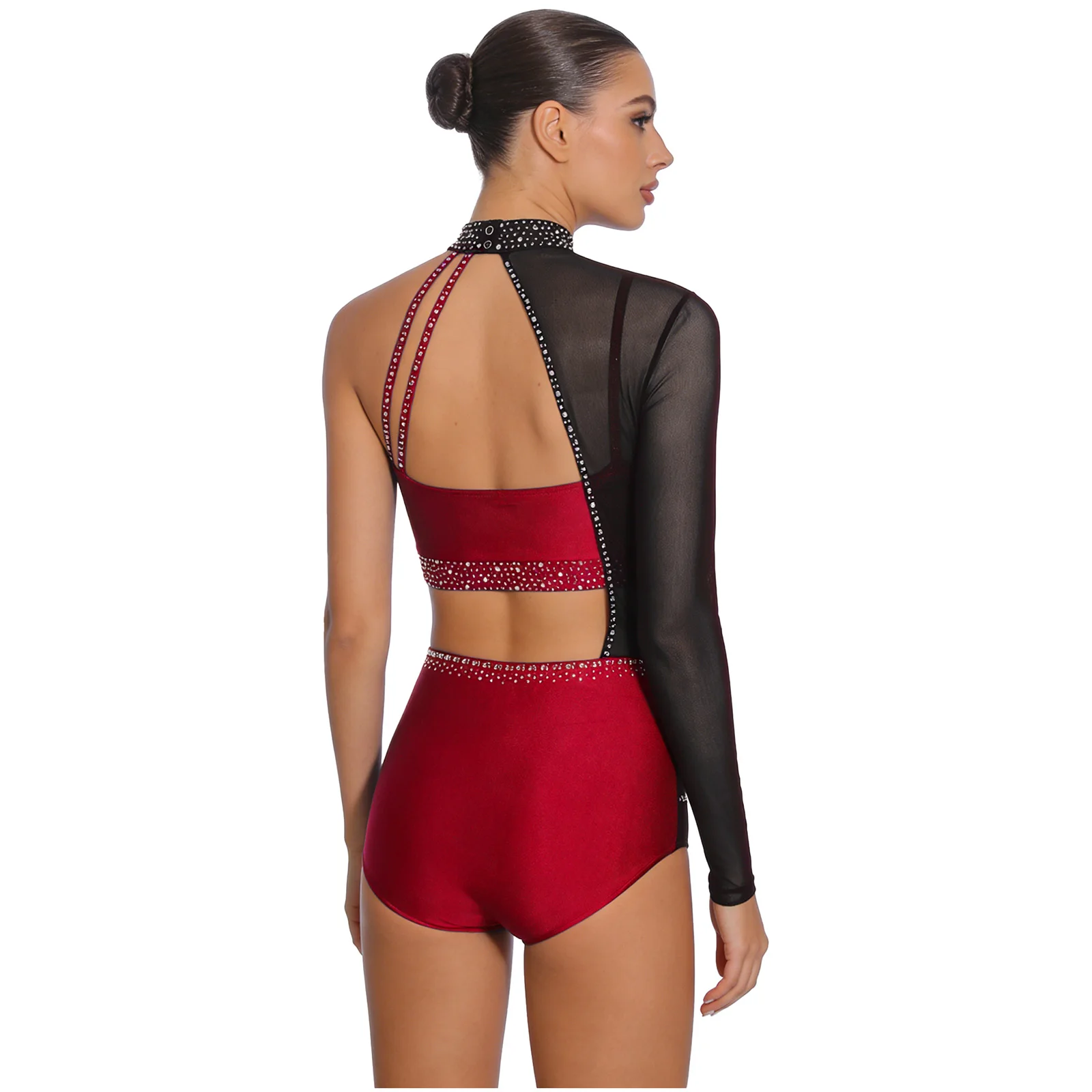 Womens Gymnastics Leotard Bodysuit Rhinestone Color Block Asymmetrical Hollow Out Figure Skating Jumpsuit Tango Cha-cha Dancewea