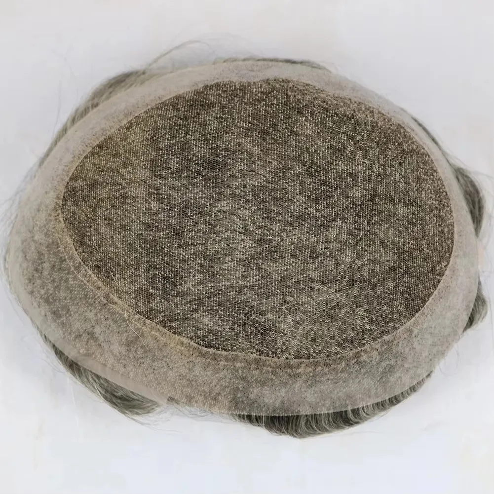 Herren-Toupet, atmungsaktive Spitze mit dünner PU-Basis, graubraunes Echthaar-Ersatzsystem, Haarteile für Männer, 20 mm gelockte Herrenperücke – Detail 2