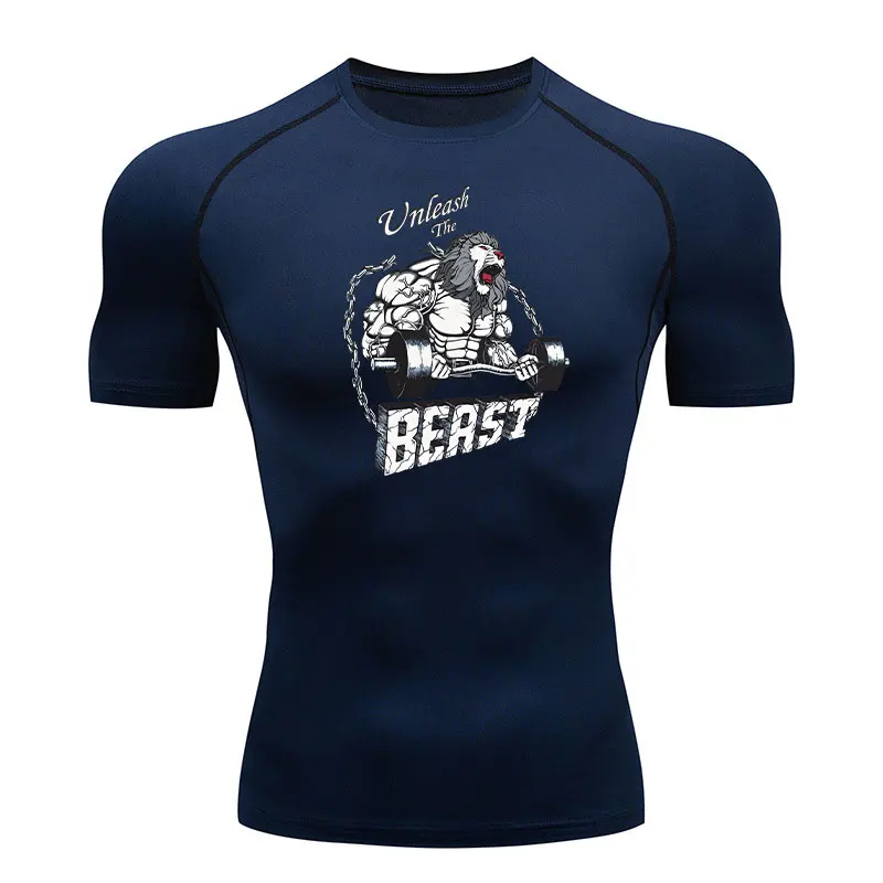 Unleash the Beast Print Compression Running Shirts Men Dry Fit Fitness Gym Men's Rashguard T-shirts fitness short sleeves