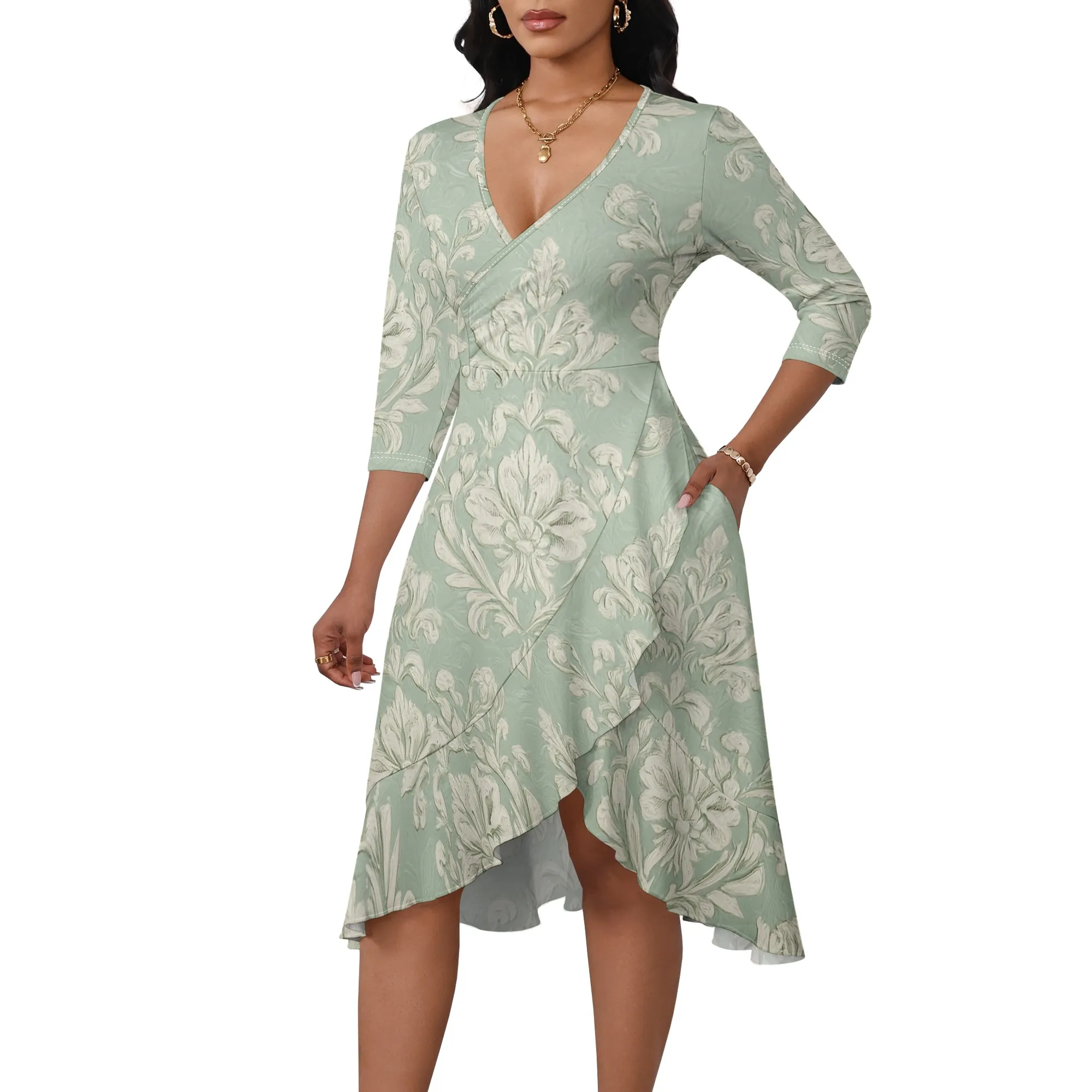 Green Damask Floral Wrap Midi Dress XS-3XL V-Neck 3/4 Sleeve Hi-Low Hem Style for Church, Wedding Guest or Spring Brunch Look