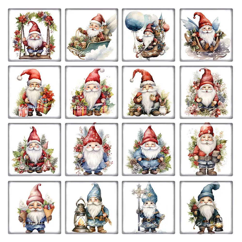 10pcs/lots Christmas X-mas Winter Gnomies Square Photo Glass Cabochon Charms Demo Flat Back Cameo For Diy Jewelry Making