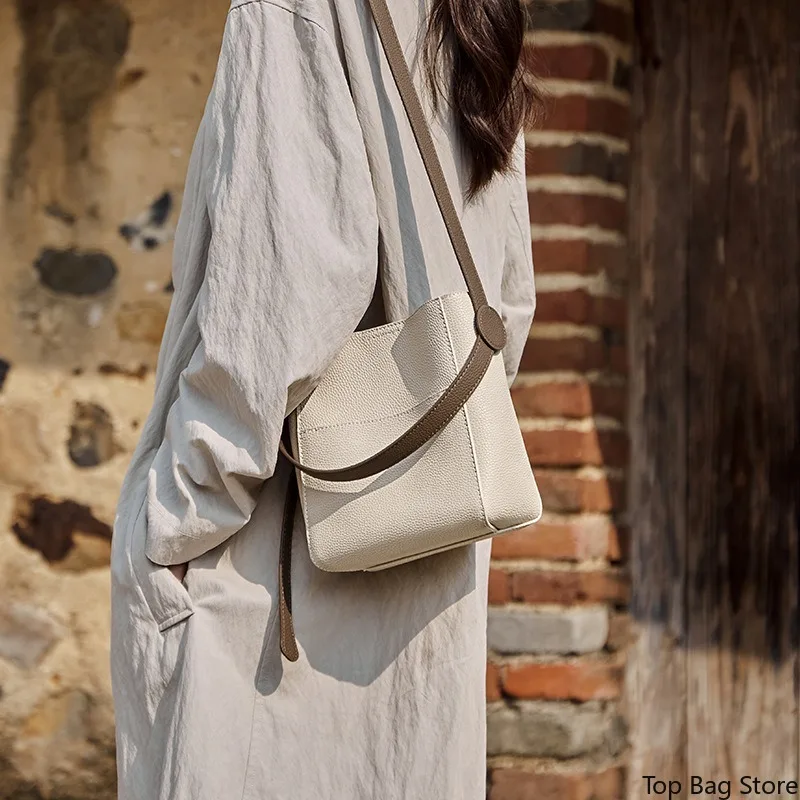 Women's Structured Luxury Genuine Leather Bucket Bag Convertible Drawstring Closure Gold-Tone Hardware Office Daily